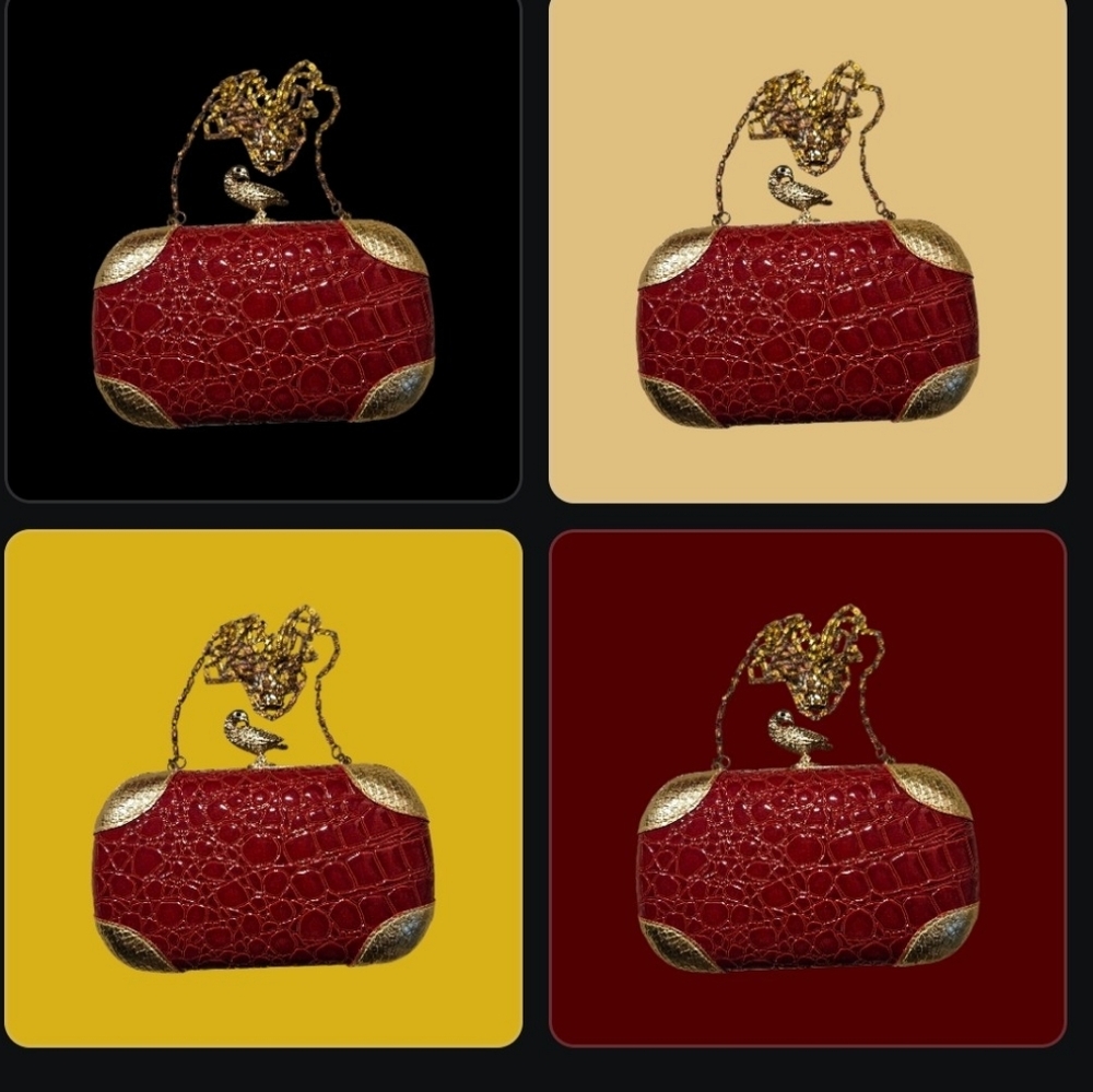 Red Crocodile Embossed Bird Kiss Lock Clutch with Gold Chain and Accents - Picture 3 of 8